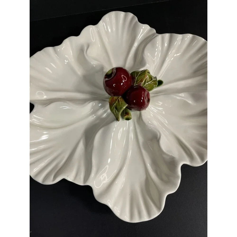 California Pottery Off White Red Apple Green Divided Dish